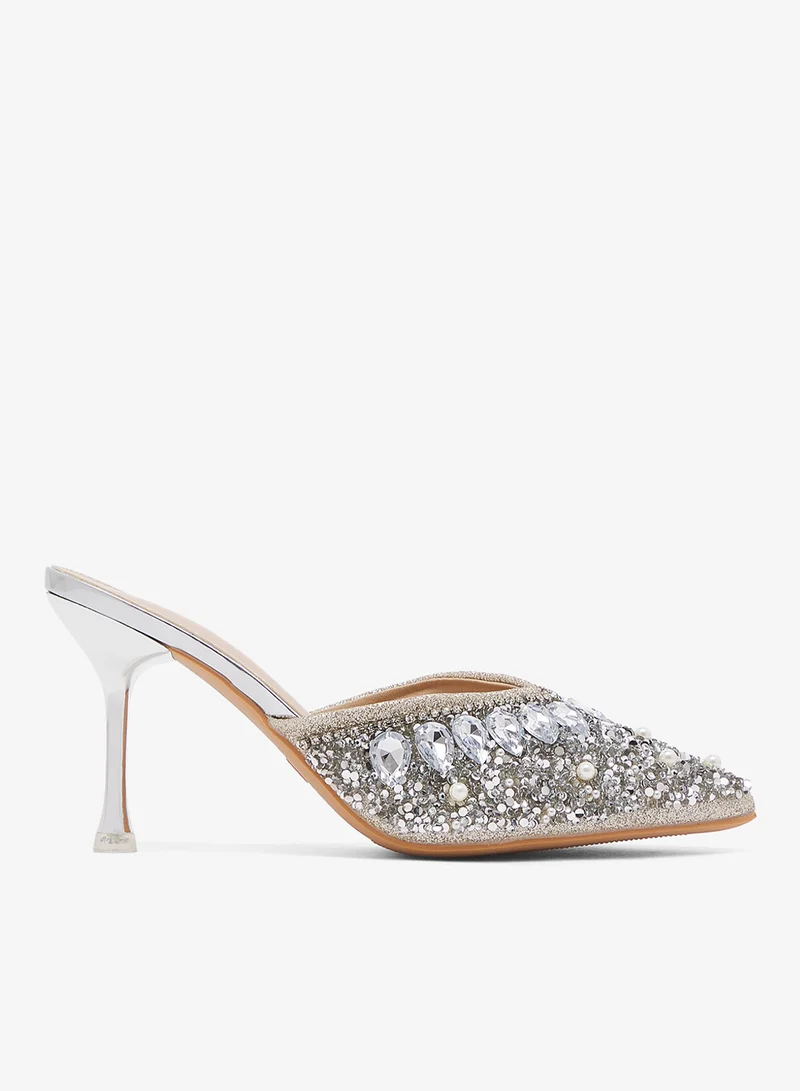 Diamonte Rhinestone Covered  Embellished Mid Heel Sandal